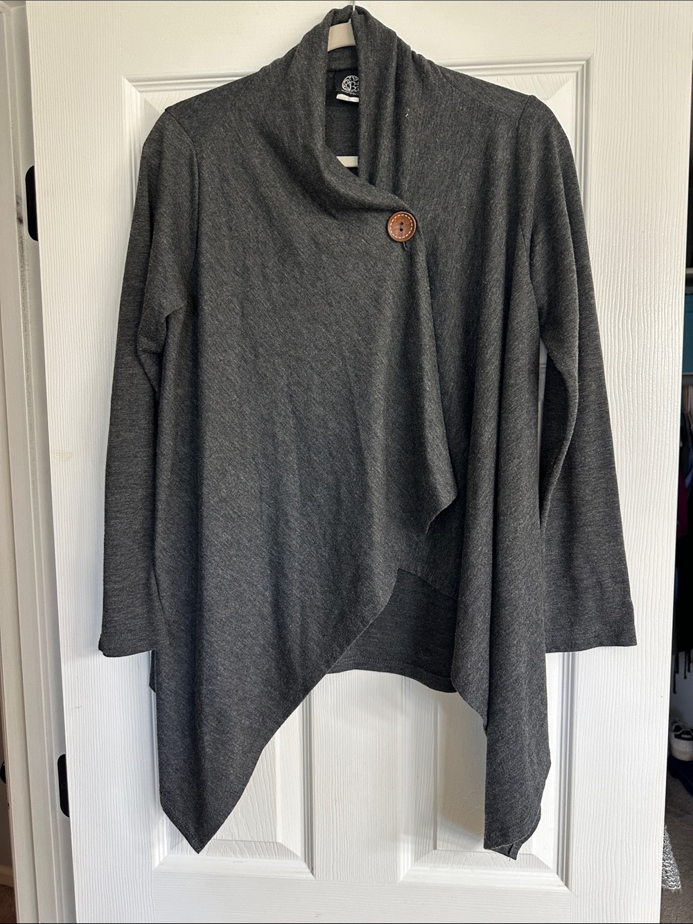 bobeau Dark Gray Draped Shawl Cardigan with Wooden Button